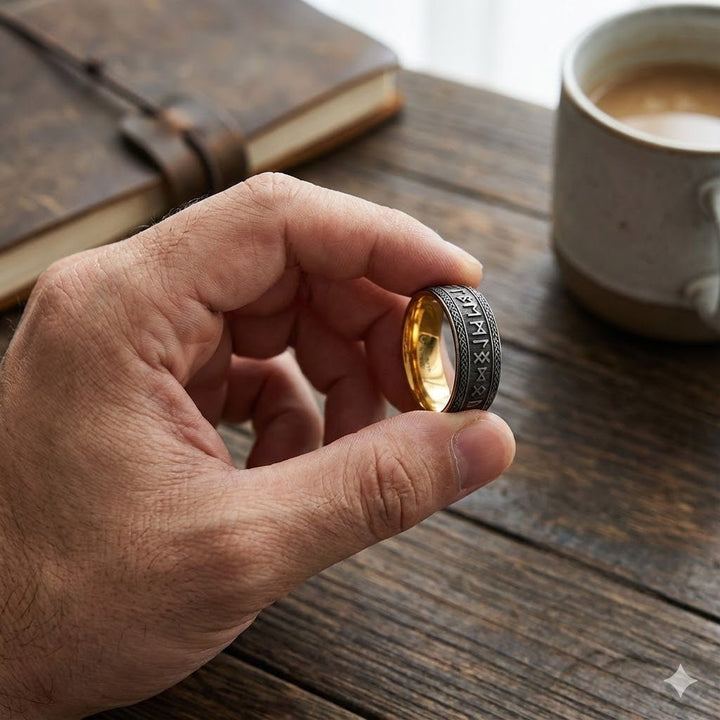 Aydins Jewelry Men’s tungsten wedding band with engraved runes and dark finish holding between two fingers.