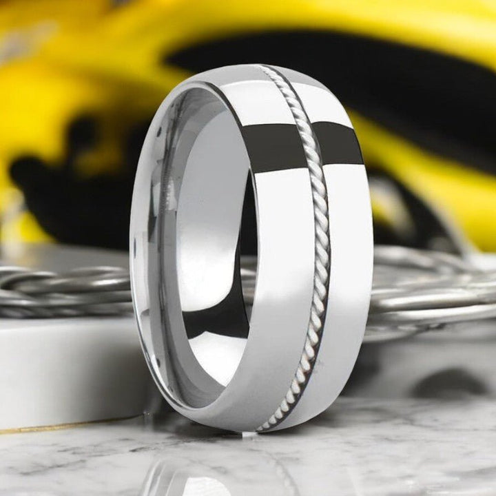 BALDWYN Silver Tungsten Ring with Braided Palladium 950 Inlay by Aydins Jewelry
