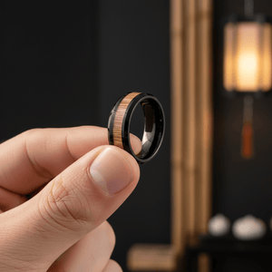 BAMBOOZLE — Held between fingers close-up — men's tungsten wedding ring.