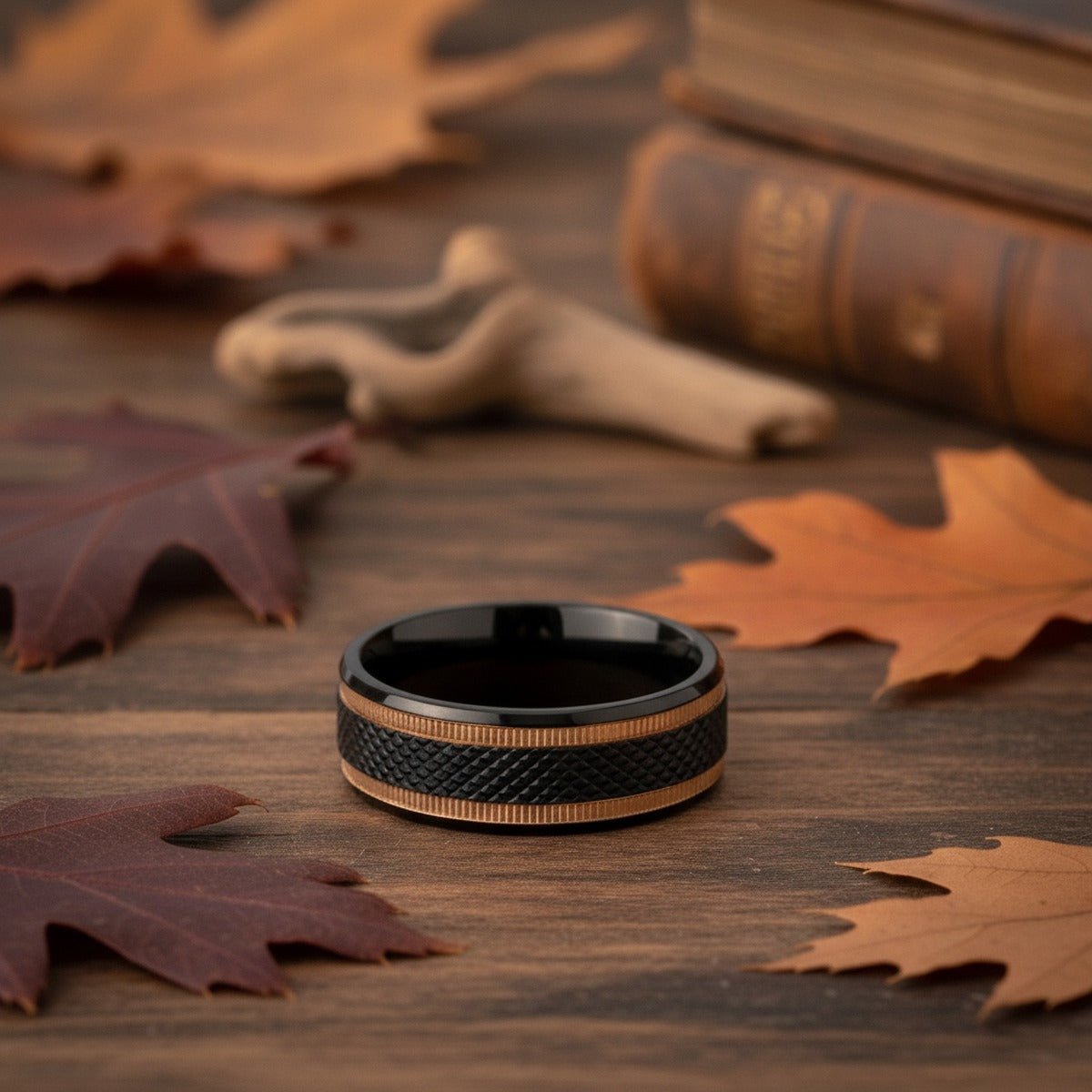 Aydins BAROQUE | Black Titanium Ring, Diamond Pattern & Two Gold Grooves lifestyle scene, autumn oak leaves