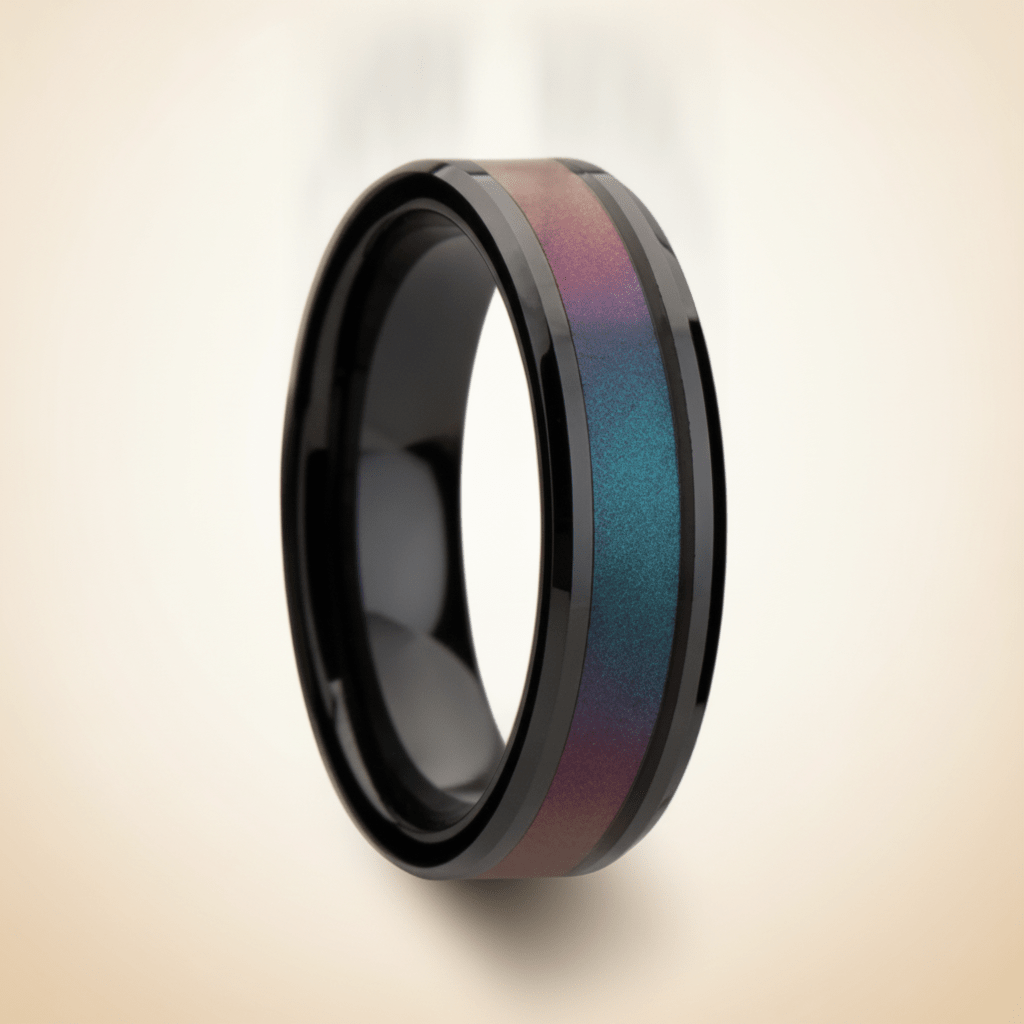 BARRACUDA black ceramic ring with purple to teal color-shifting inlay, studio hero shot