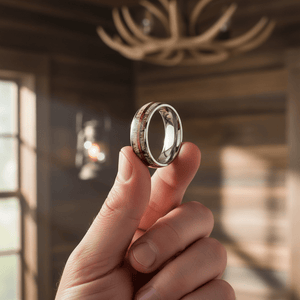 BARRELSTAG — Held between fingers close-up — men's tungsten wedding ring.