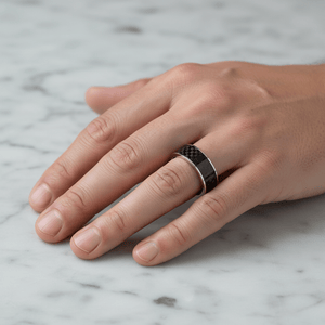 Black Carbon Fiber inlay 14k yellow gold wedding band 8mm, on the hand