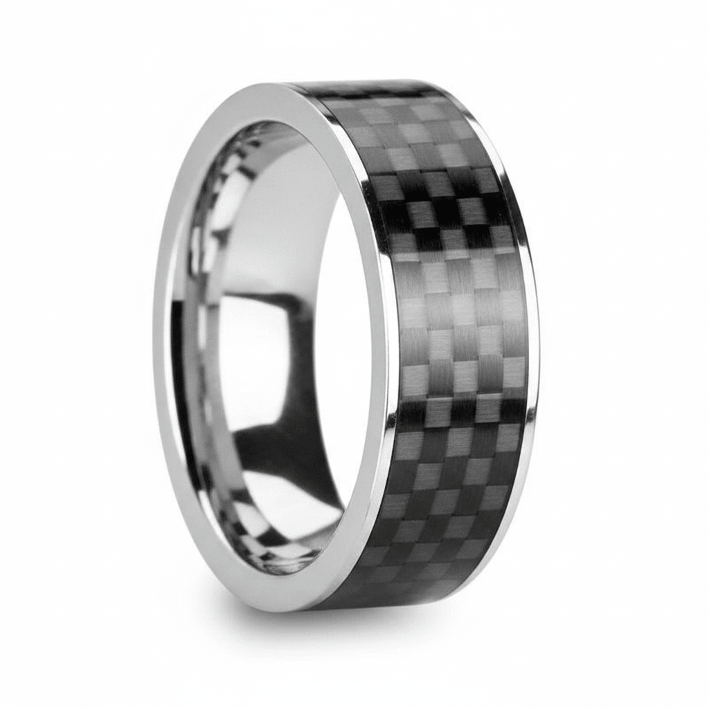 Black Carbon Fiber inlay 14k yellow gold wedding band 8mm, close-up of inlay