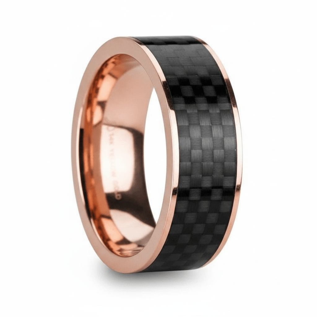 Black Carbon Fiber inlay 14k yellow gold wedding band 8mm, additional view 6