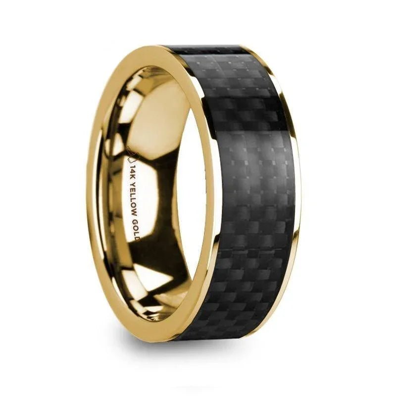 Black Carbon Fiber inlay 14k yellow gold wedding band 8mm, side profile