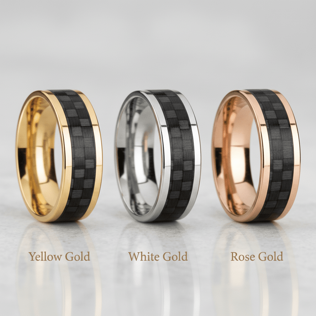 Black Carbon Fiber inlay 14k yellow gold wedding band 8mm, top view