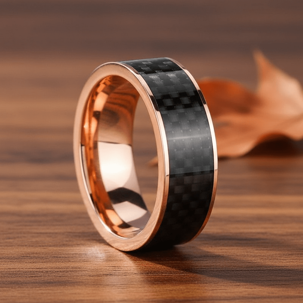 Black Carbon Fiber inlay 14k yellow gold wedding band 8mm, additional view 10