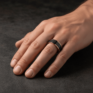 Black Carbon Fiber inlay 14k yellow gold wedding band 8mm, angled view