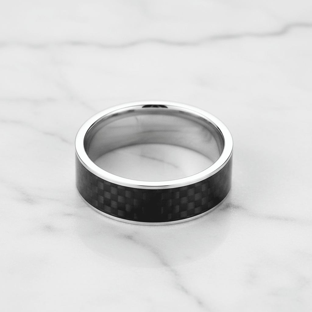 Black Carbon Fiber inlay 14k yellow gold wedding band 8mm, additional view 9