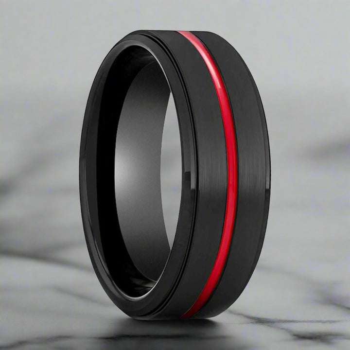 BATMOBILE Black Tungsten Ring showcasing the red groove and stepped edge, available in 6mm & 8mm