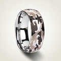 BATTALION domed silver tungsten carbide wedding band with laser engraved camouflage pattern running around the band and polished edges, studio hero shot