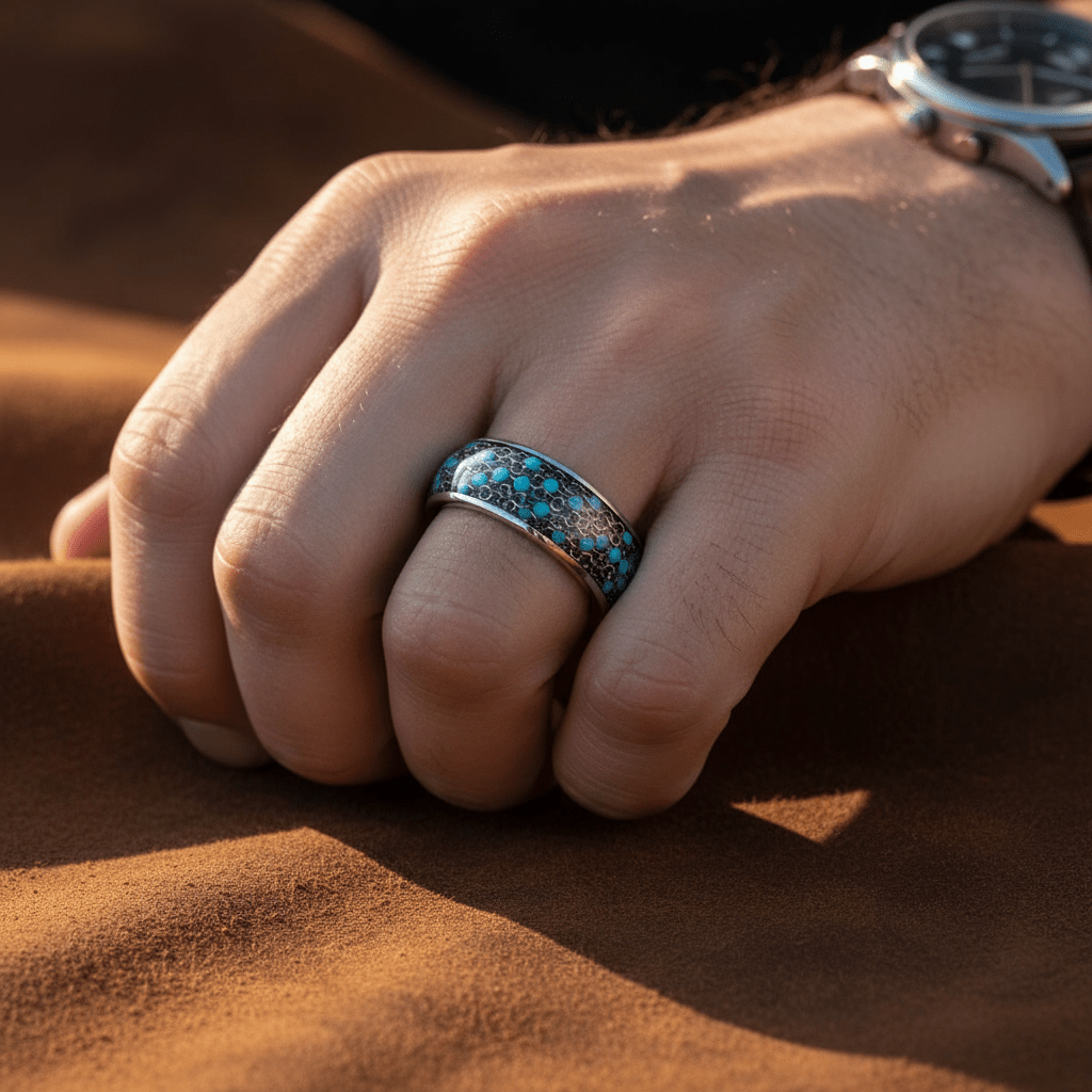 BEADWIRE — Lifestyle photo on hand — men's tungsten wedding ring.