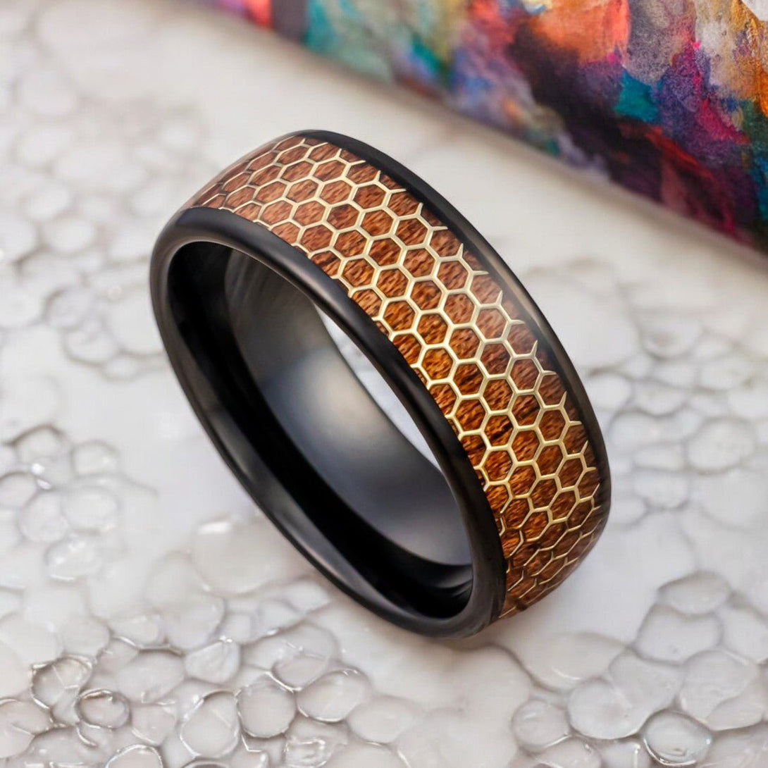 BEASON Ring - Black Tungsten, Rosewood, and Gold Honeycomb Design by Aydins Jewelry