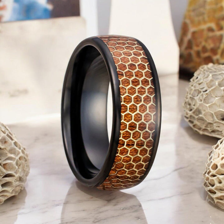 BEASON Black Tungsten Ring with Rosewood Inlay and Gold Honeycomb Design