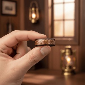 BEASON — Held between fingers close-up — men's tungsten wedding ring.