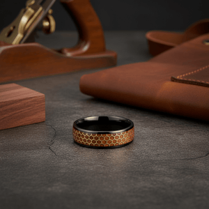 BEASON — Editorial masculine still life — men's tungsten wedding ring.