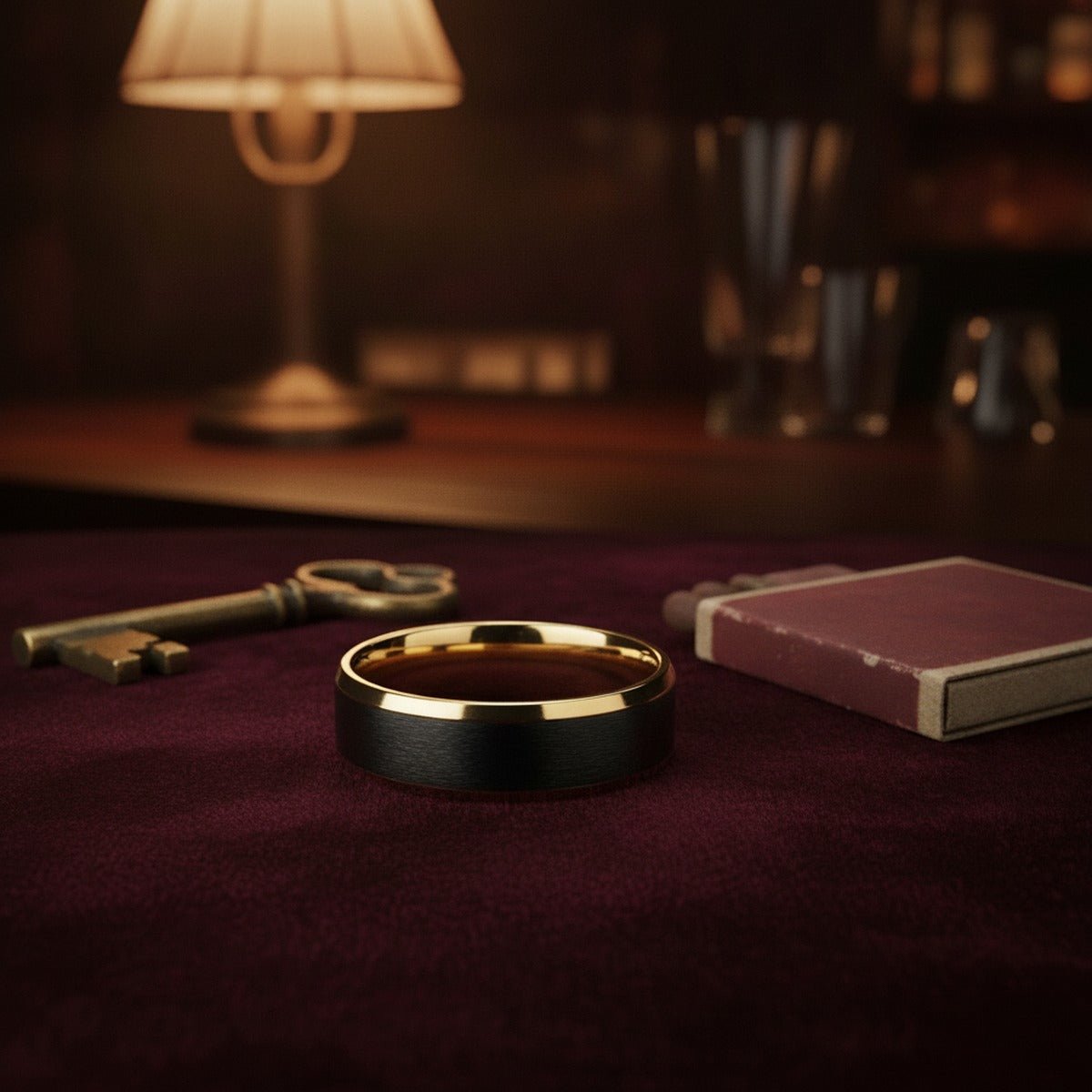 Aydins BEAUMONT | Gold Titanium Ring, Black Brushed, Beveled lifestyle scene, speakeasy velvet