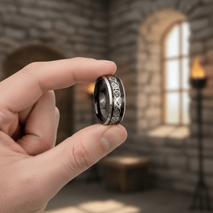 BETTLER — Held between fingers close-up — men's tungsten wedding ring.