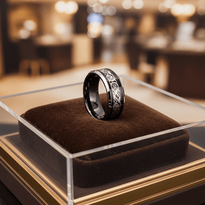 BETTLER — Premium boutique display on velvet — men's tungsten wedding ring.