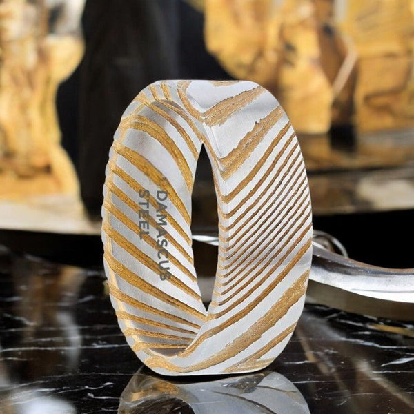 BISHOP gold color Damascus steel wedding band with etched design by Aydins Jewelry.