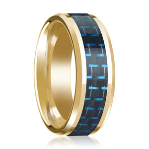 Blue Carbon Fiber inlay 14k yellow gold wedding band 8mm, side profile