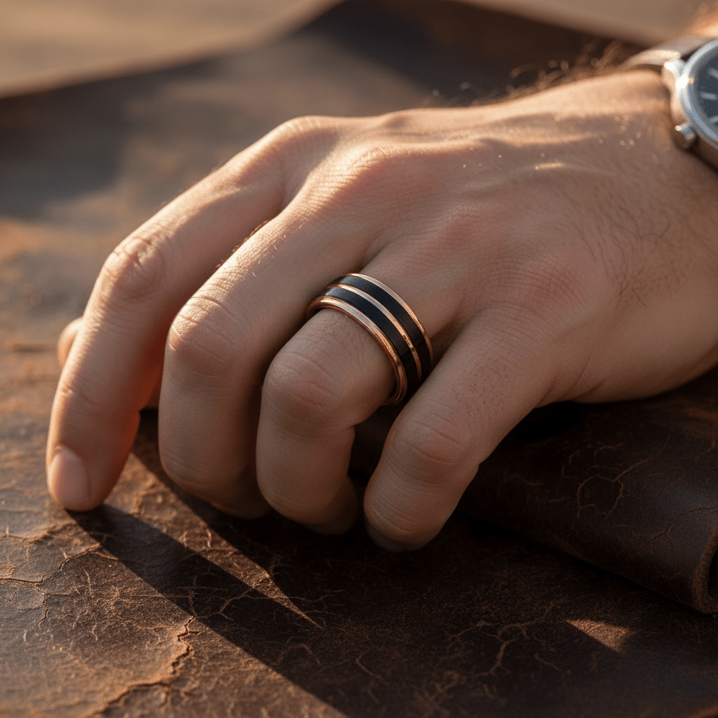 BLACKLUSH — Lifestyle photo on hand — men's tungsten wedding ring.