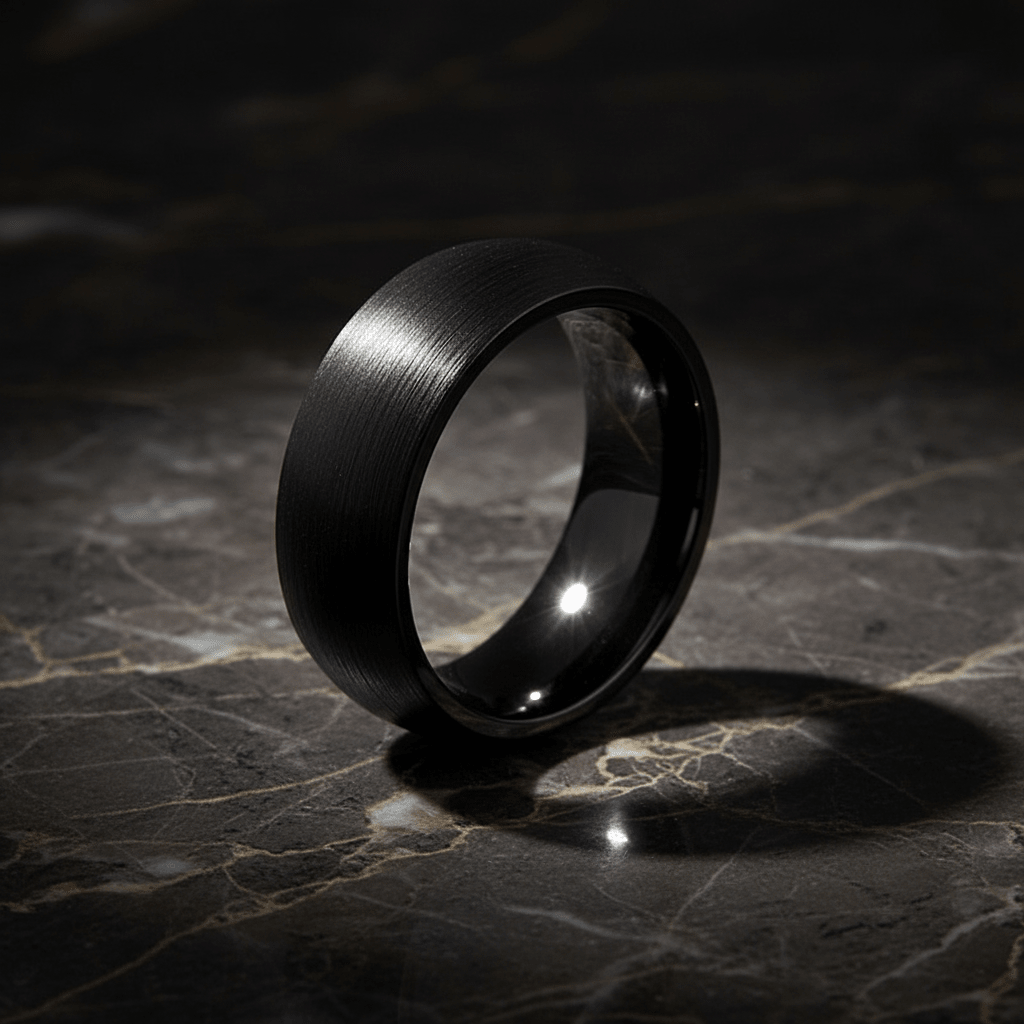 BLACKROCK — Luxury 3/4 angle on dark marble — men's tungsten wedding ring.