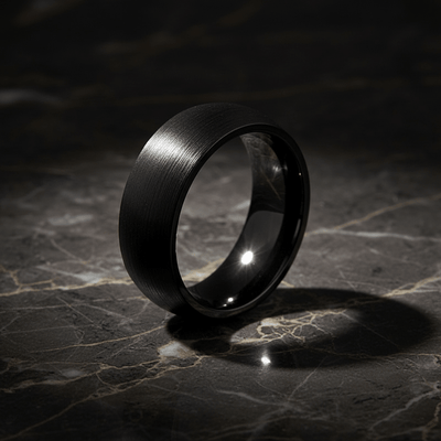 BLACKROCK — Luxury 3/4 angle on dark marble — men's tungsten wedding ring.