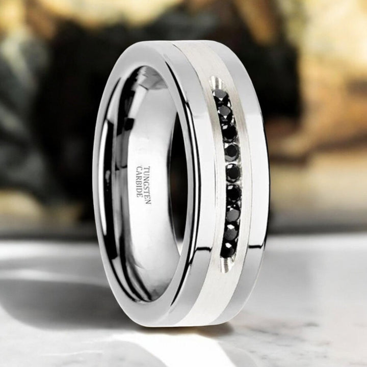 Silver tungsten ring with brushed inlay and nine channel-set black diamonds, 8mm width - Aydins Jewelry.