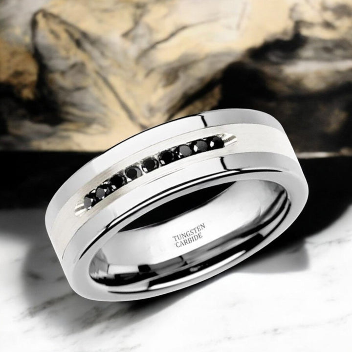 BLACKSTONE silver tungsten wedding band featuring brushed inlay and black diamonds - Aydins Jewelry.