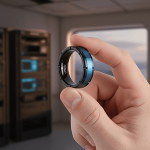 BLIZZARD — Held between fingers close-up — men's tungsten wedding ring.