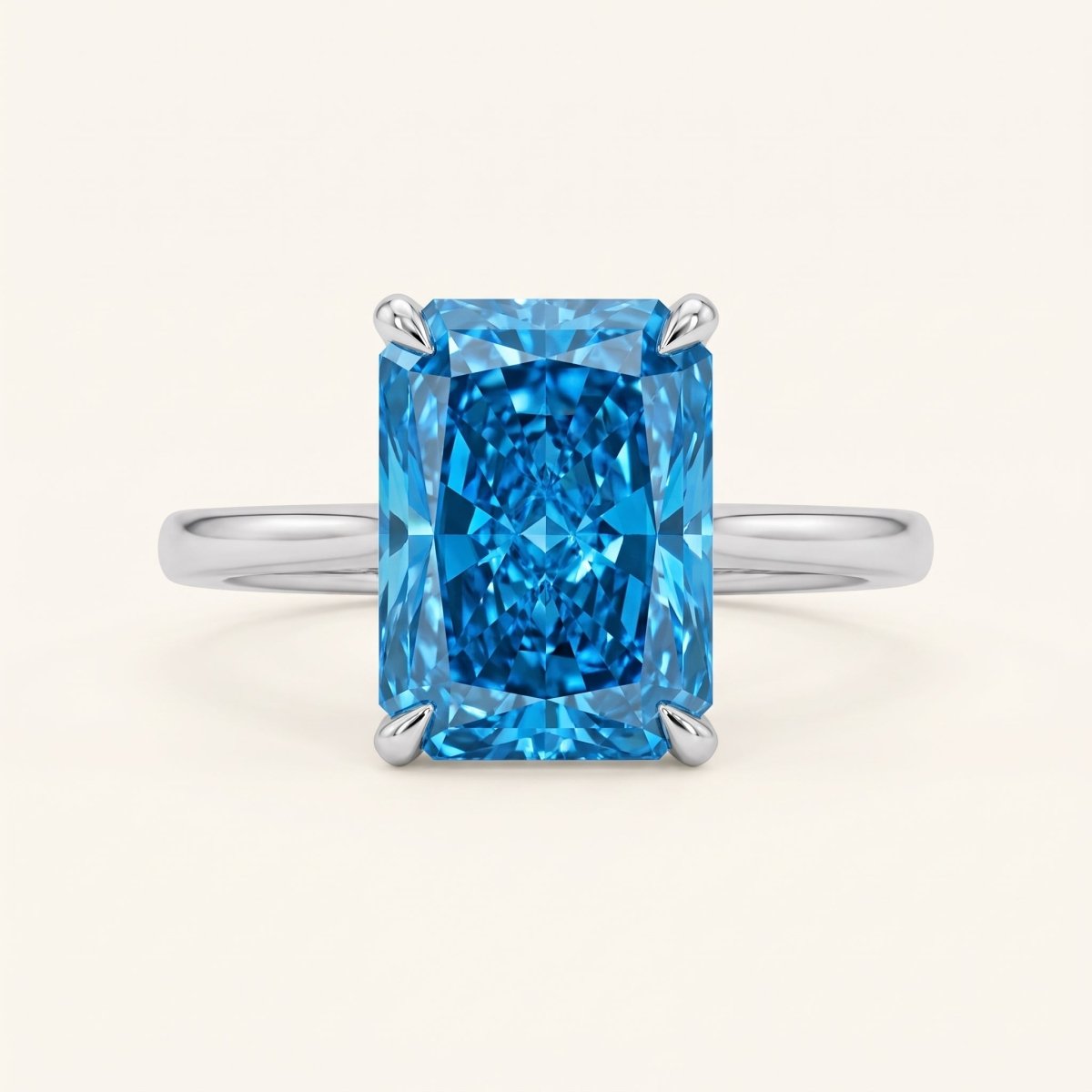 Blue Radiant lab-grown diamond solitaire engagement ring, White Gold, face-on detail macro