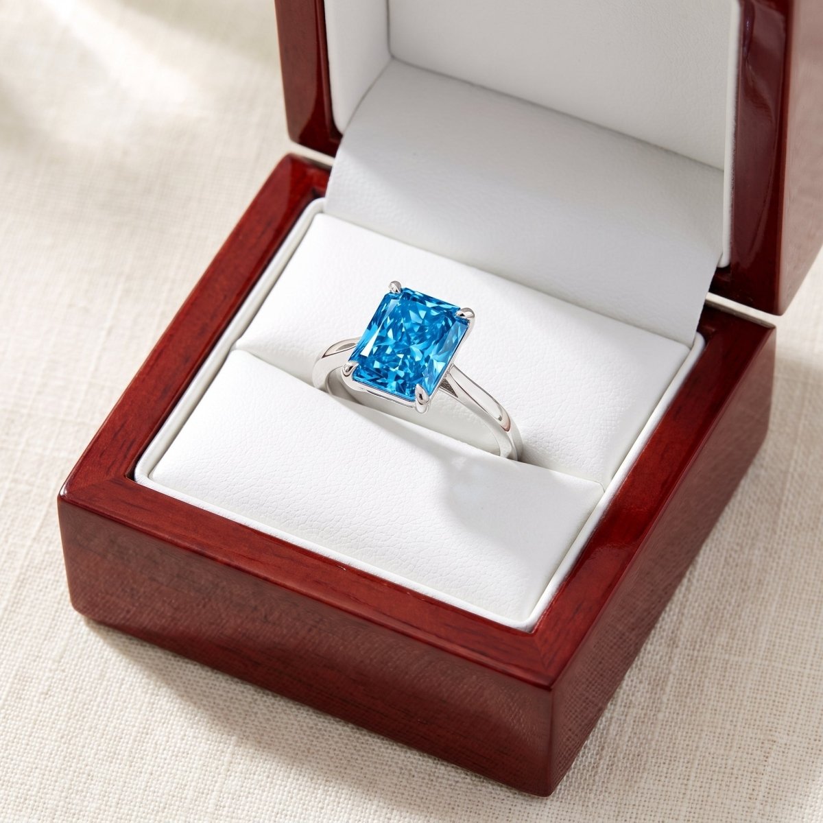 Blue Radiant lab-grown diamond solitaire engagement ring, White Gold, in cherry-wood ring box