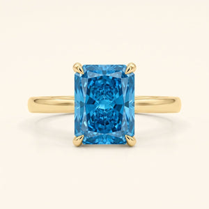 Blue Radiant lab-grown diamond solitaire engagement ring, Yellow Gold, face-on detail macro