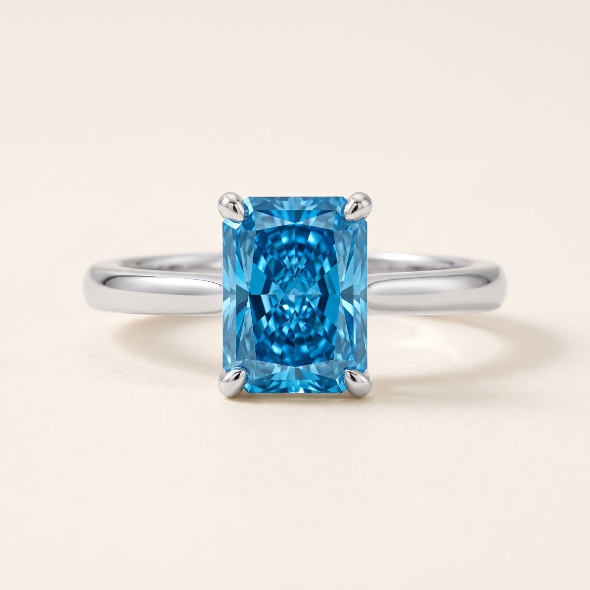 Blue Radiant lab-grown diamond solitaire engagement ring, 925 Sterling Silver, face-on detail macro