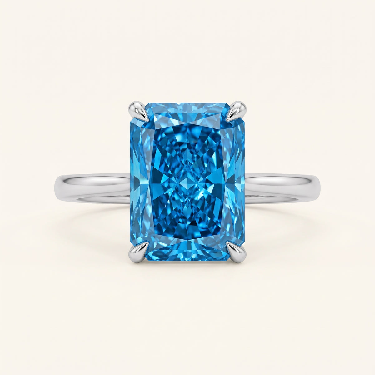 Blue Radiant lab-grown diamond solitaire engagement ring, White Gold, face-on detail macro