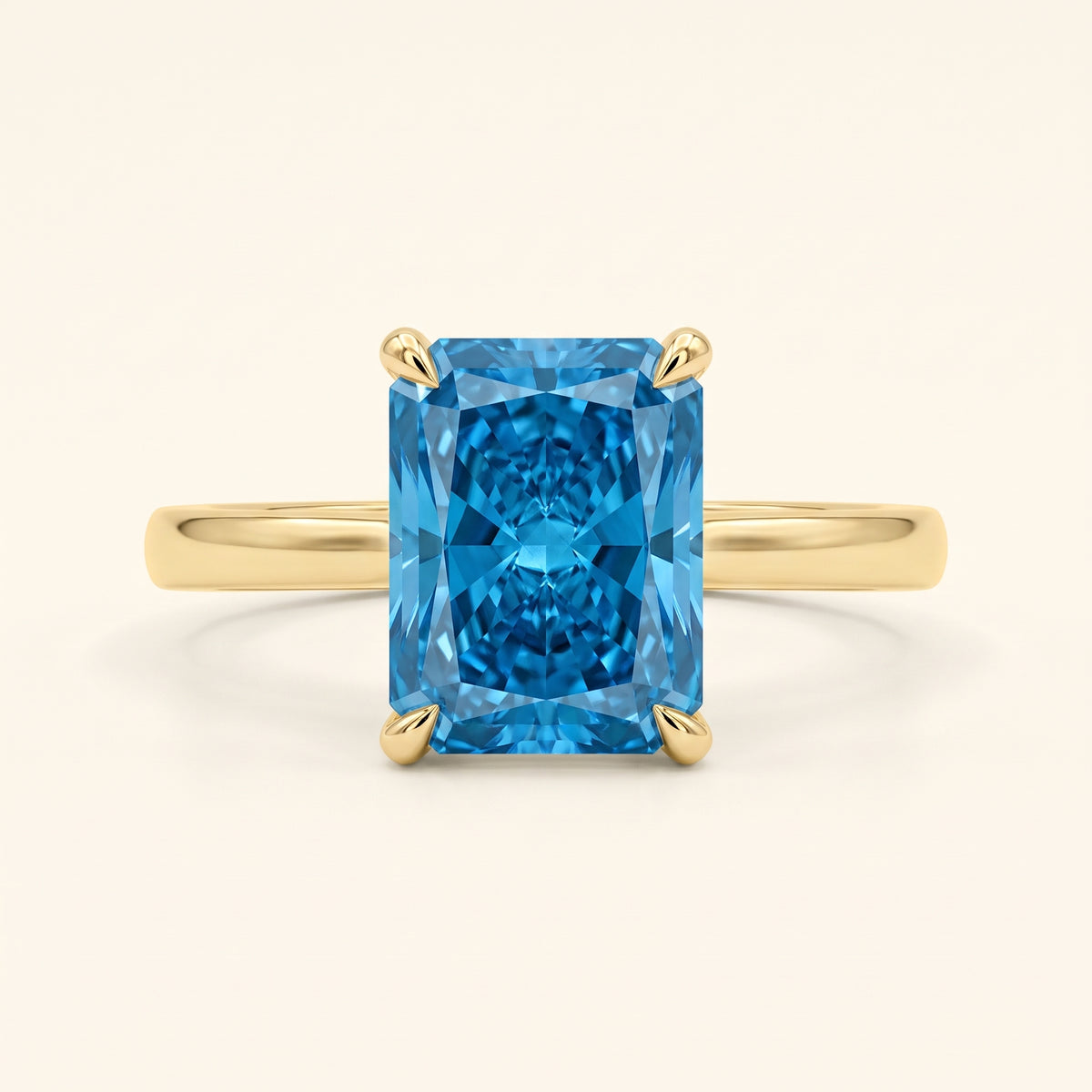 Blue Radiant lab-grown diamond solitaire engagement ring, Yellow Gold, face-on detail macro