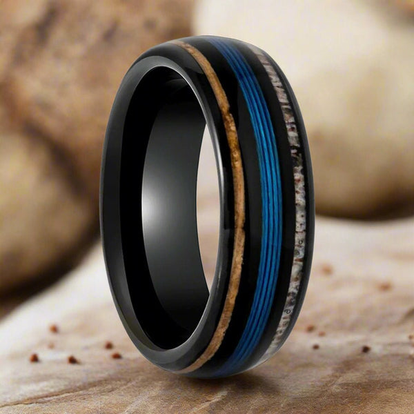 BLUEBARK | Black Tungsten Ring, Koawood, Blue Wire & Deer Antler Inlay, Domed