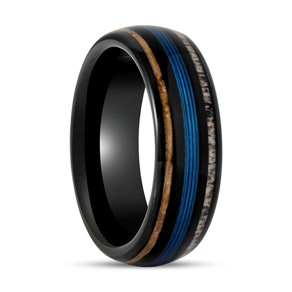 BLUEBARK | Black Tungsten Ring, Koawood, Blue Wire & Deer Antler Inlay, Domed - Rings - Aydins Jewelry - 1