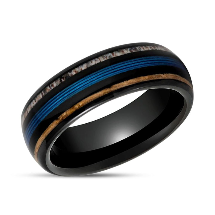BLUEBARK | Black Tungsten Ring, Koawood, Blue Wire & Deer Antler Inlay, Domed - Rings - Aydins Jewelry - 2
