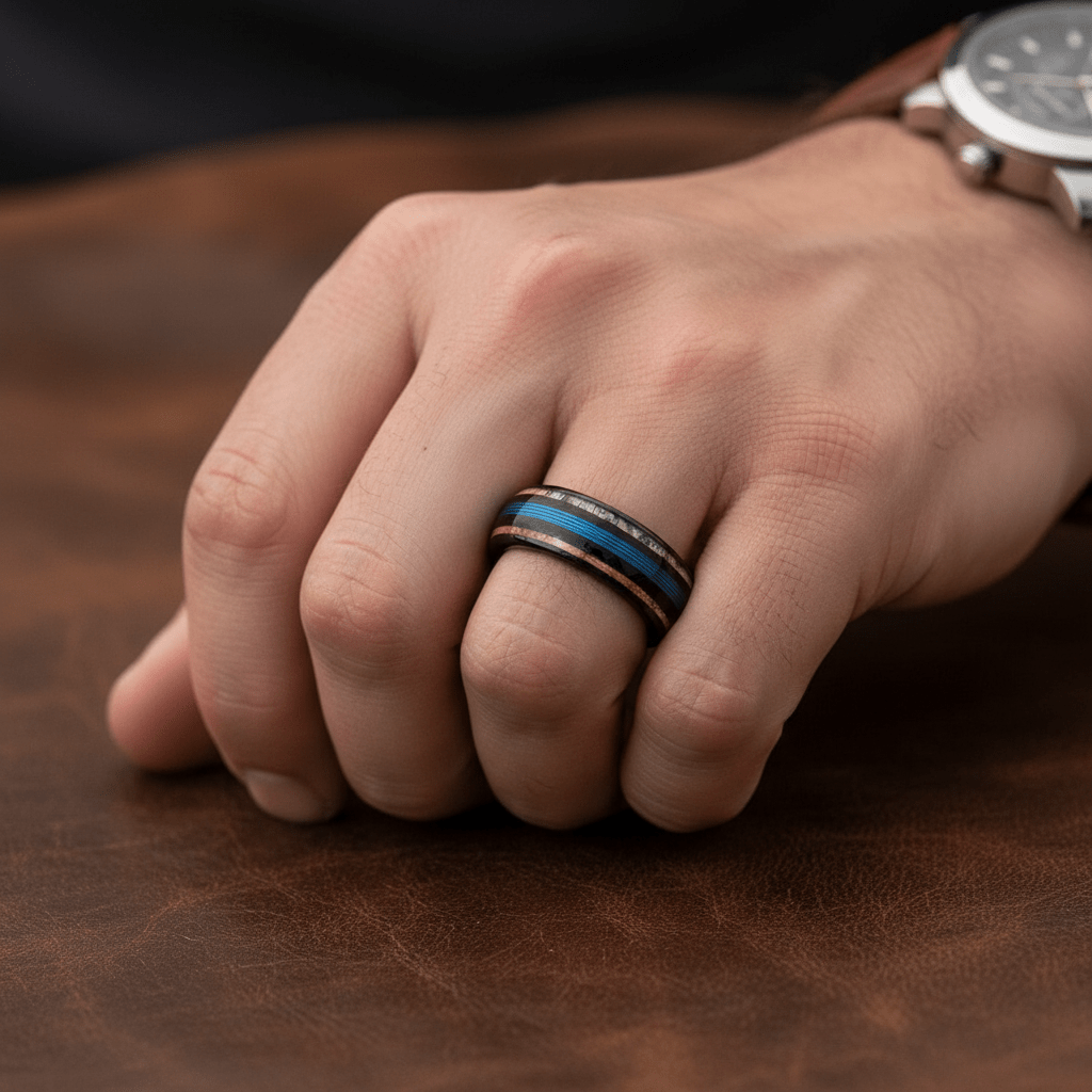 BLUEBARK — Lifestyle photo on hand — men's tungsten wedding ring.