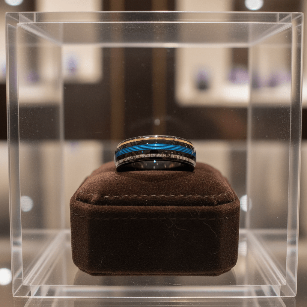 BLUEBARK — Premium boutique display on velvet — men's tungsten wedding ring.