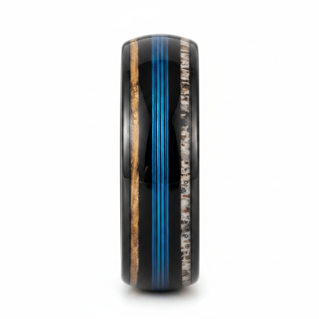 BLUEBARK — Front-facing straight-on view — men's tungsten wedding ring.