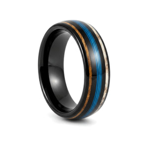 BLUEBARK black tungsten ring with koa wood blue wire and antler inlay - front view