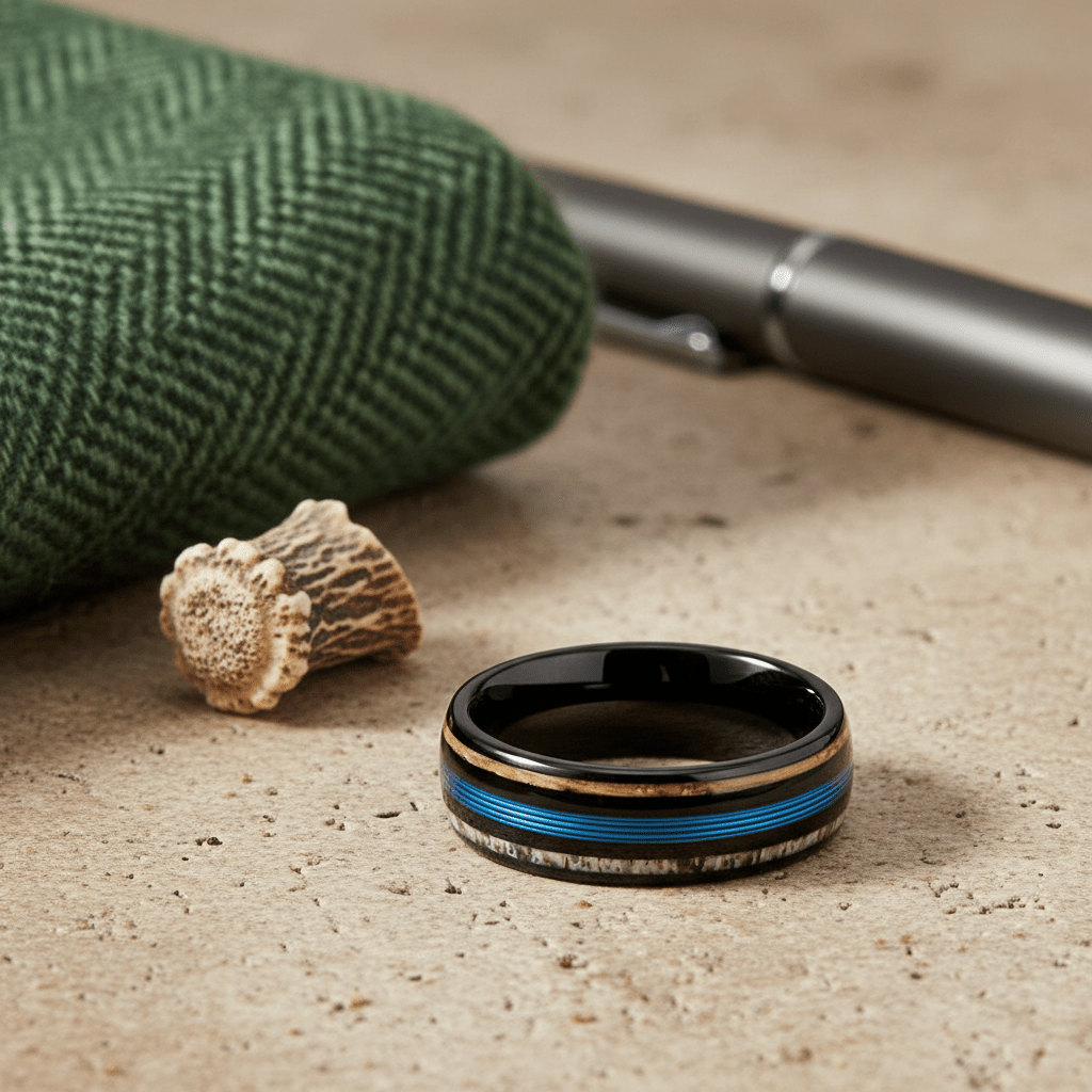 BLUEBARK — Editorial masculine still life — men's tungsten wedding ring.