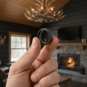 BLUEBARK — Held between fingers close-up — men's tungsten wedding ring.