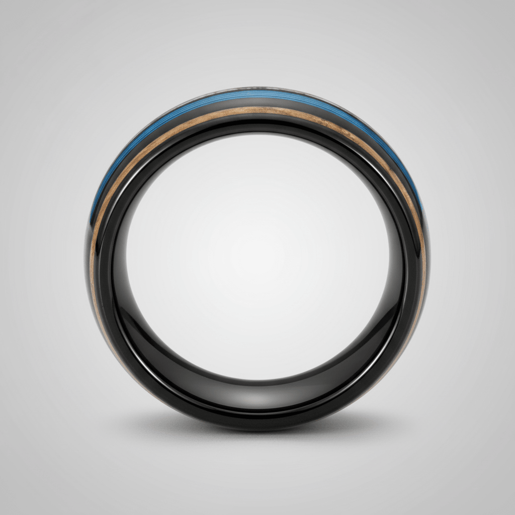 BLUEBARK — Center-through axial view — men's tungsten wedding ring.