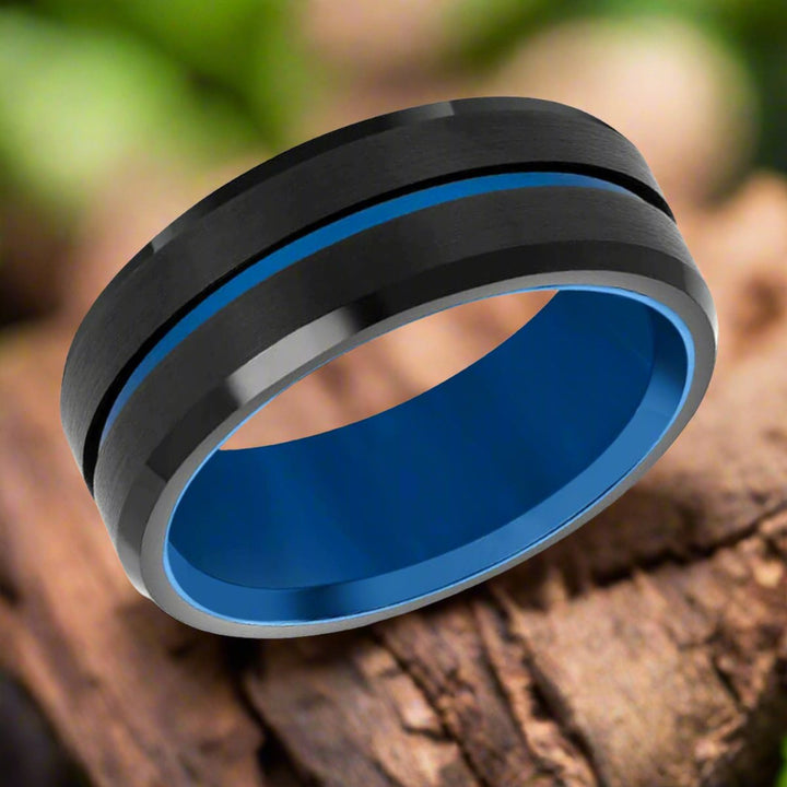 BLUEWAVE | Blue Tungsten Ring, Brushed, Blue Grooved Center, Beveled - Rings - Aydins Jewelry - 4