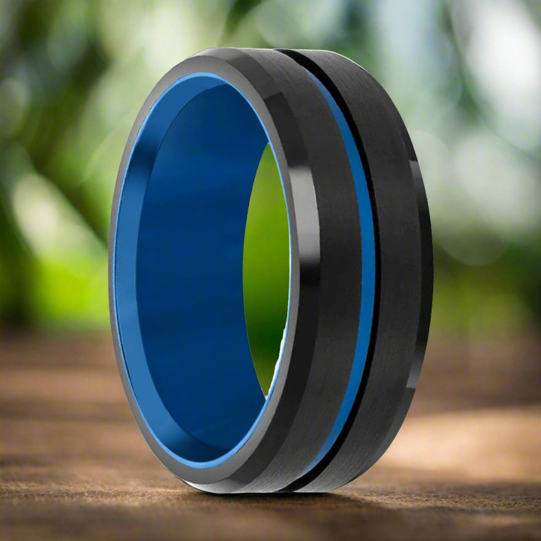 BLUEWAVE | Blue Tungsten Ring, Brushed, Blue Grooved Center, Beveled - Rings - Aydins Jewelry - 3